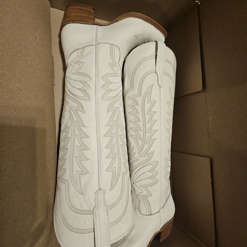 Tecovas White Embroidered Knee-High Leather Cowboy Boots - Picture 3 of 11